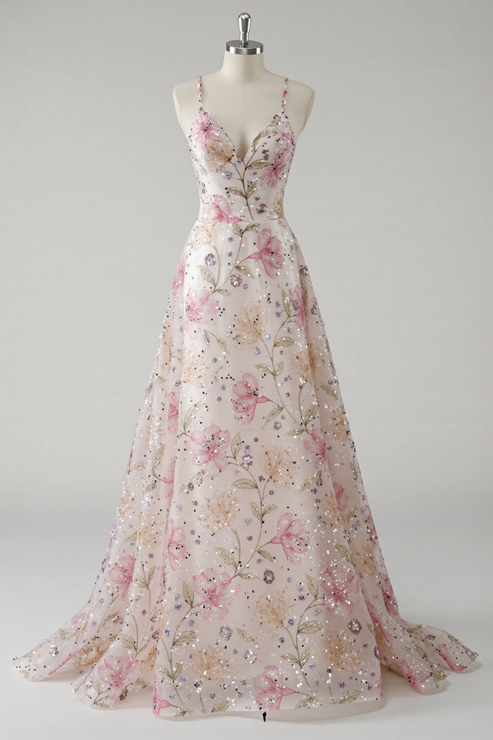 Sparkly Pink A Line V-Neck Floral Long Prom Dress with Beading