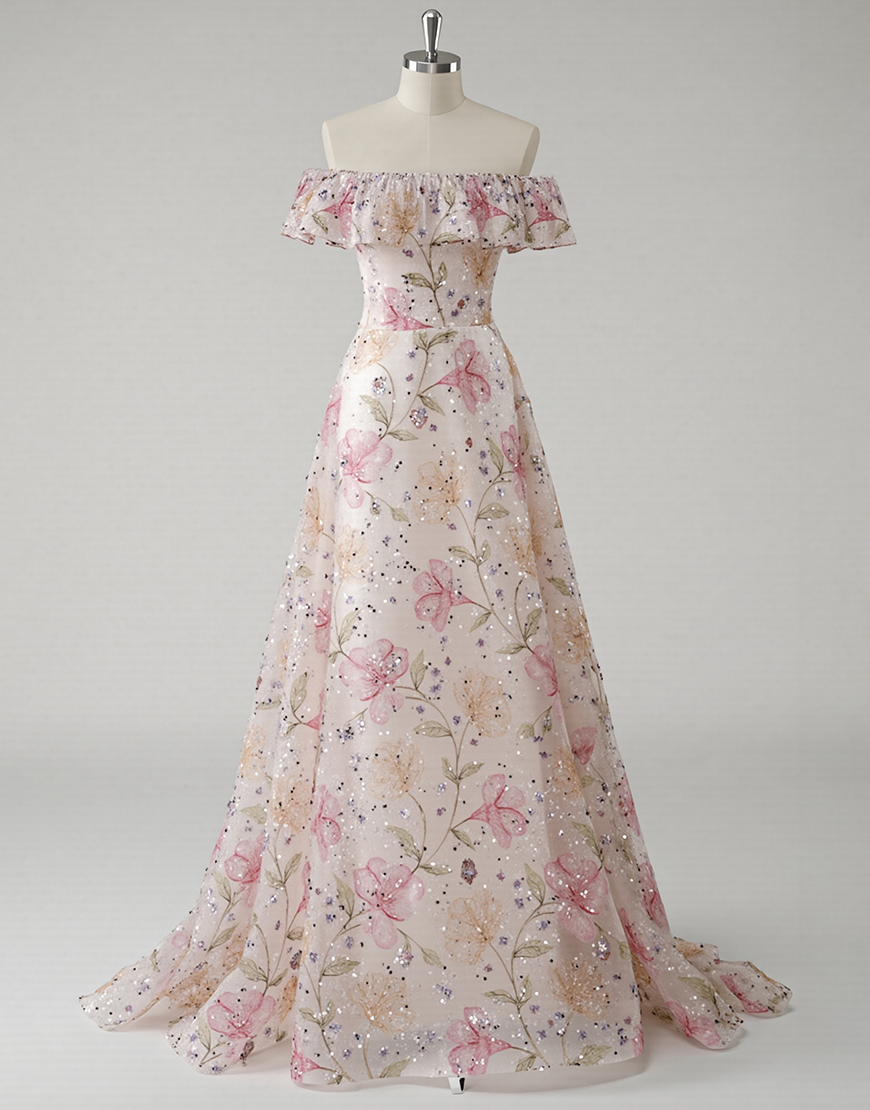Sparkly Pink Off the Shoulder A Line Floral Long Prom Dress with Ruffles