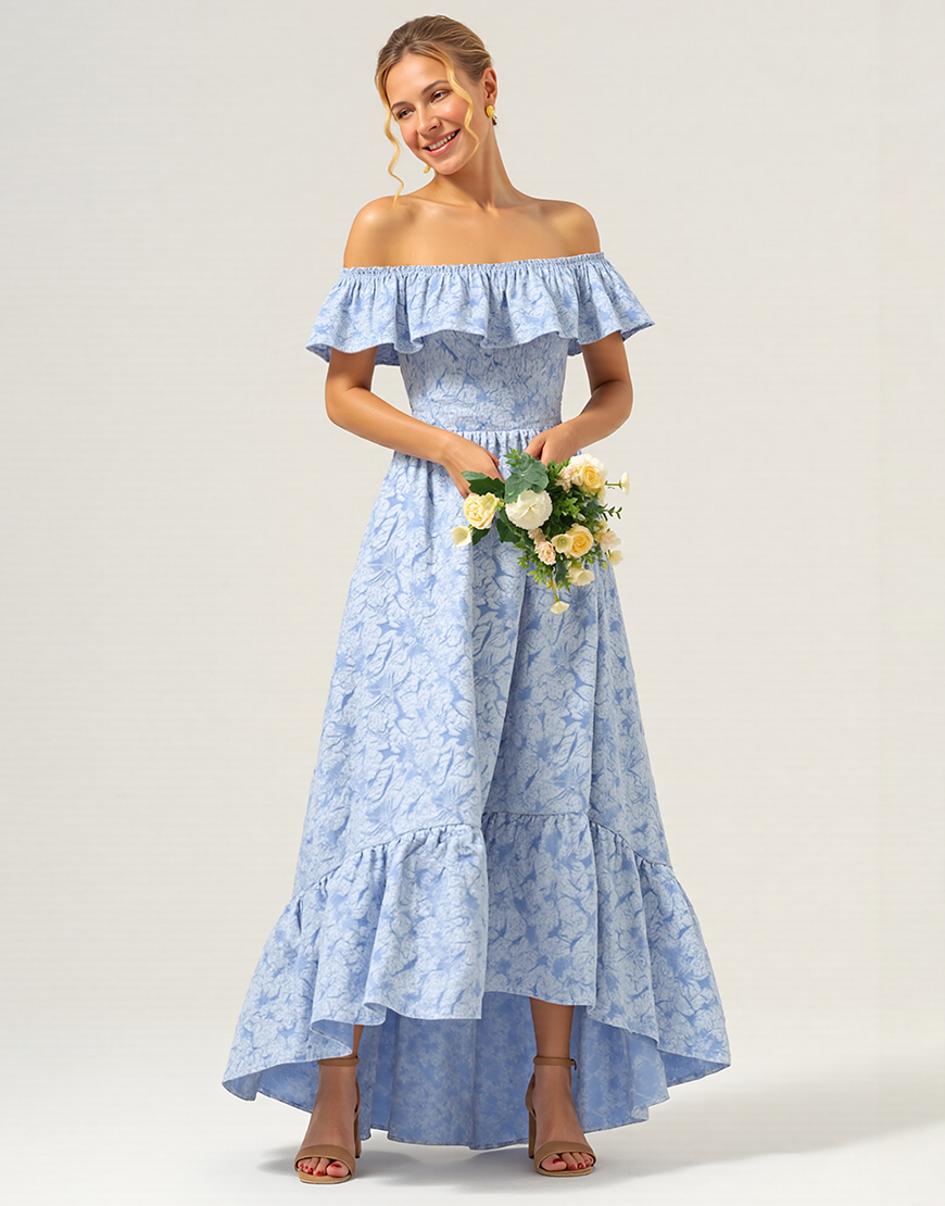 Blue A Line Floral Off the Shoulder High-Low Bridesmaid Dress with Ruffles