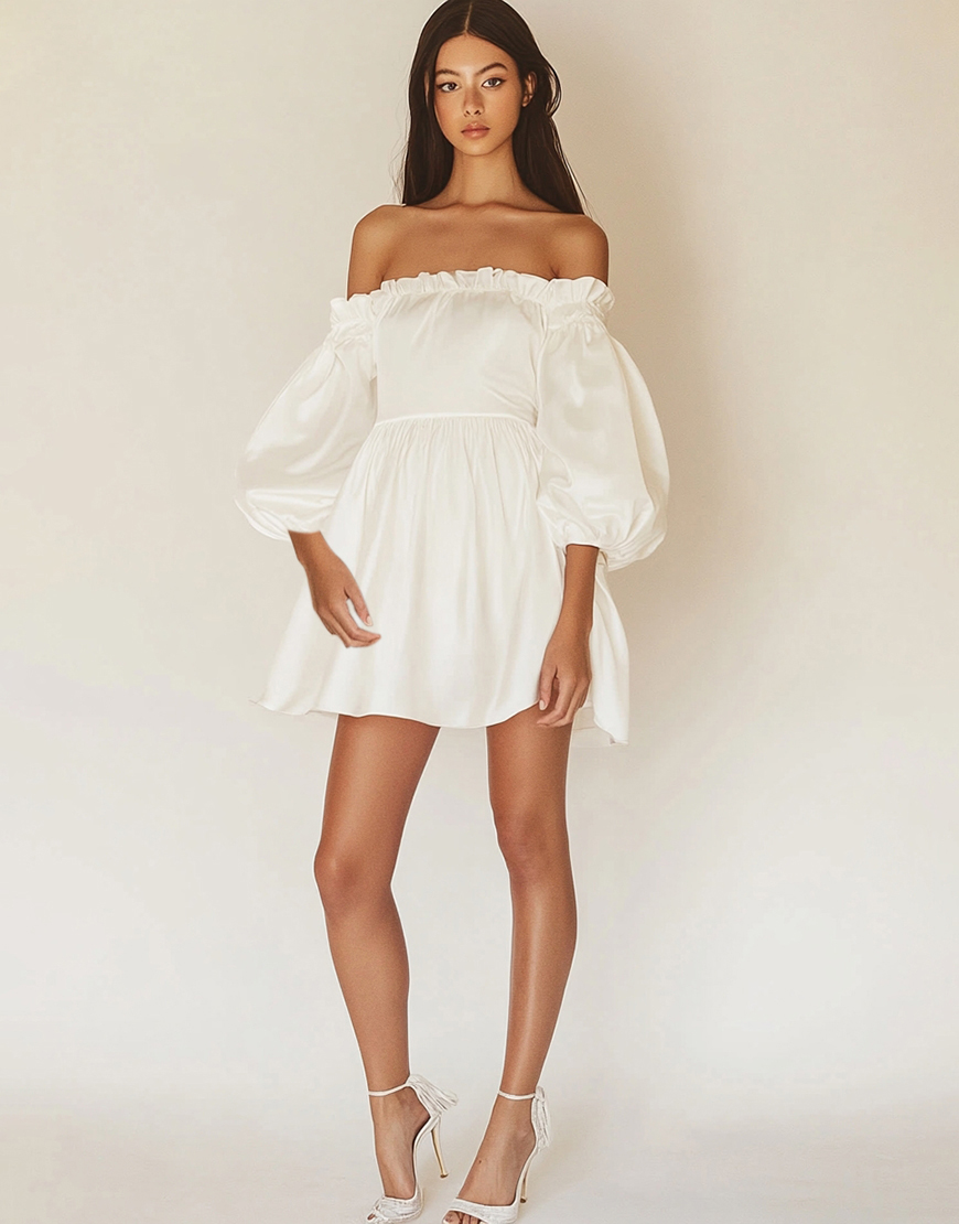 Ivory Puff Sleeves Satin Short Graduation Dress with Ruffles