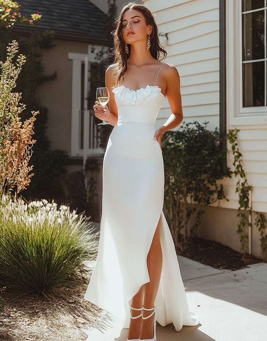 White Long Satin Ruffled Engagement Dress with Slit