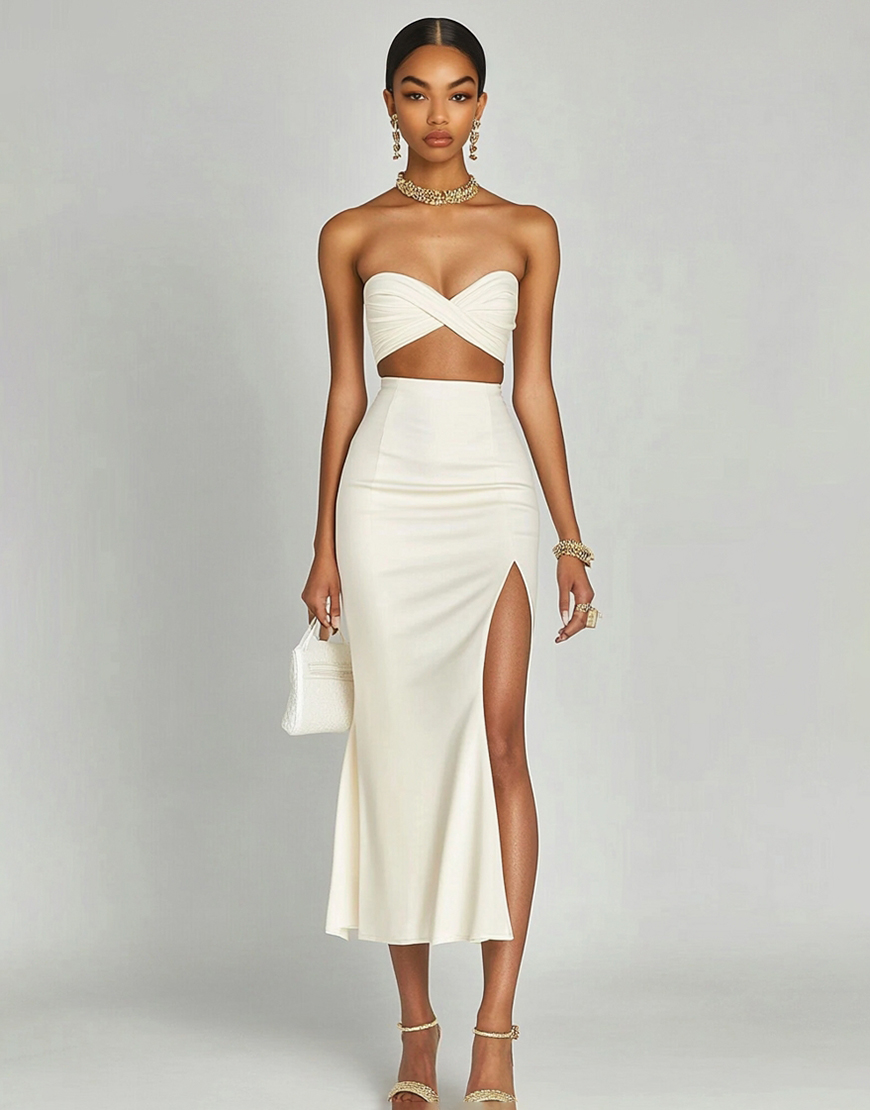 Ivory Satin Two Piece Long Engagement Dress with Slit