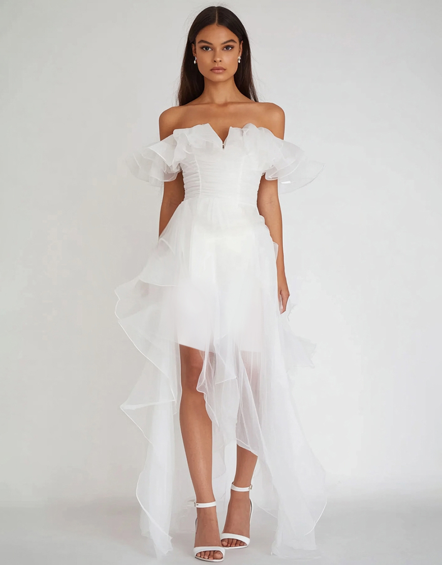 White High-Low Organza Graduation Dress with Ruffles