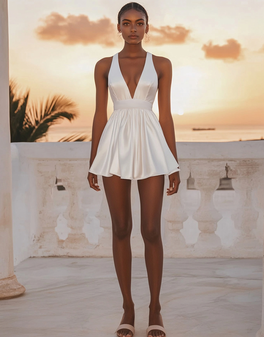 White Short Satin V Neck A Line Graduation Dress