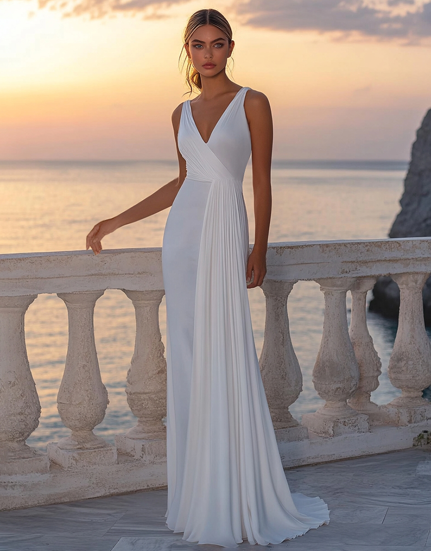White V Neck Sheath Chiffon Boho Wedding Dress with Pleats
