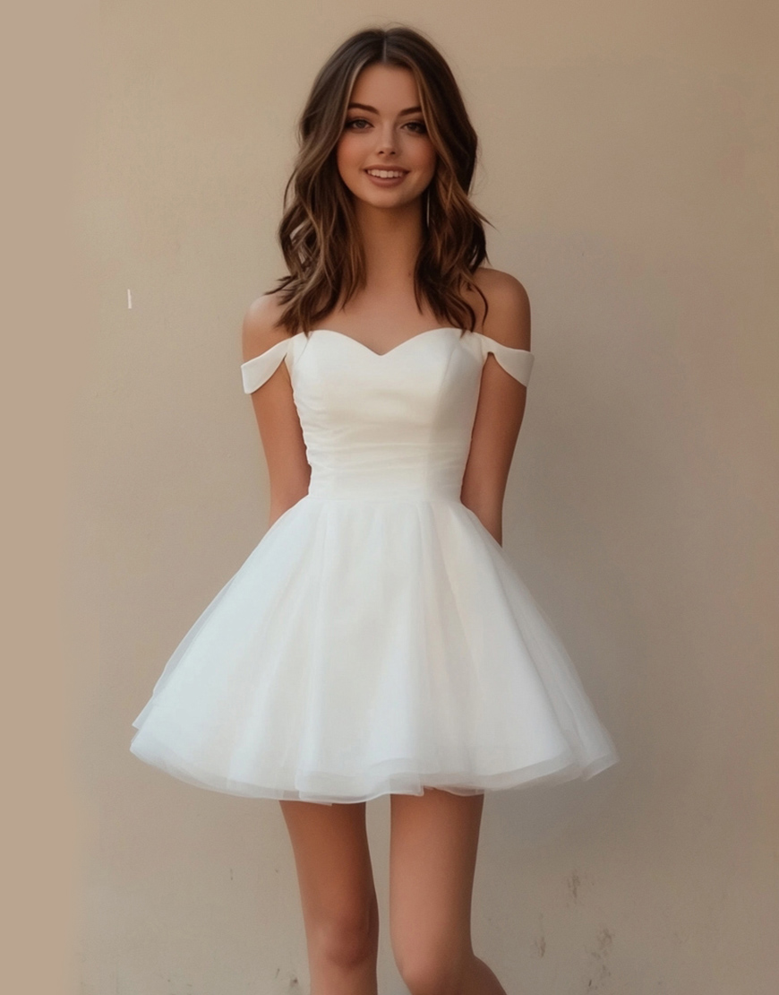 White Off The Shoulder Tulle A Line Short Graduation Dress