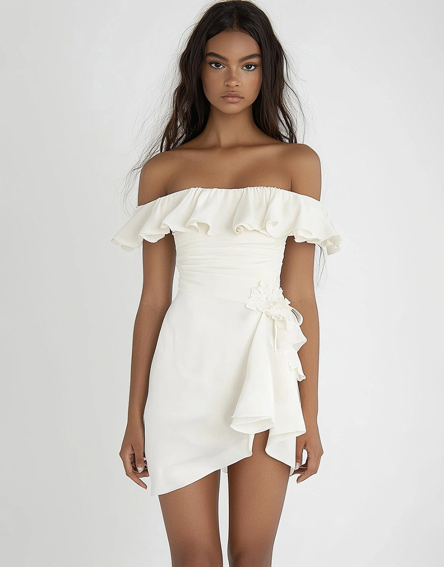 Ivory Off The Shoulder Bodycon Short Graduation Dress with Ruffles