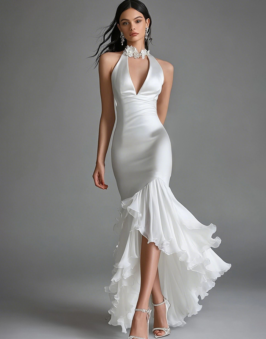 White High Neck High-Low Satin Mermaid Engagement Dress