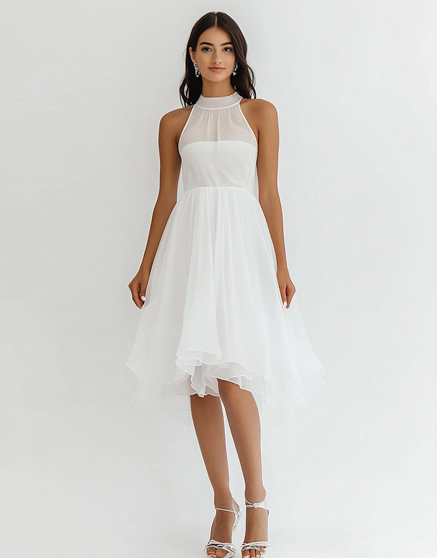 White High Neck Chiffon Midi A Line Graduation Dress