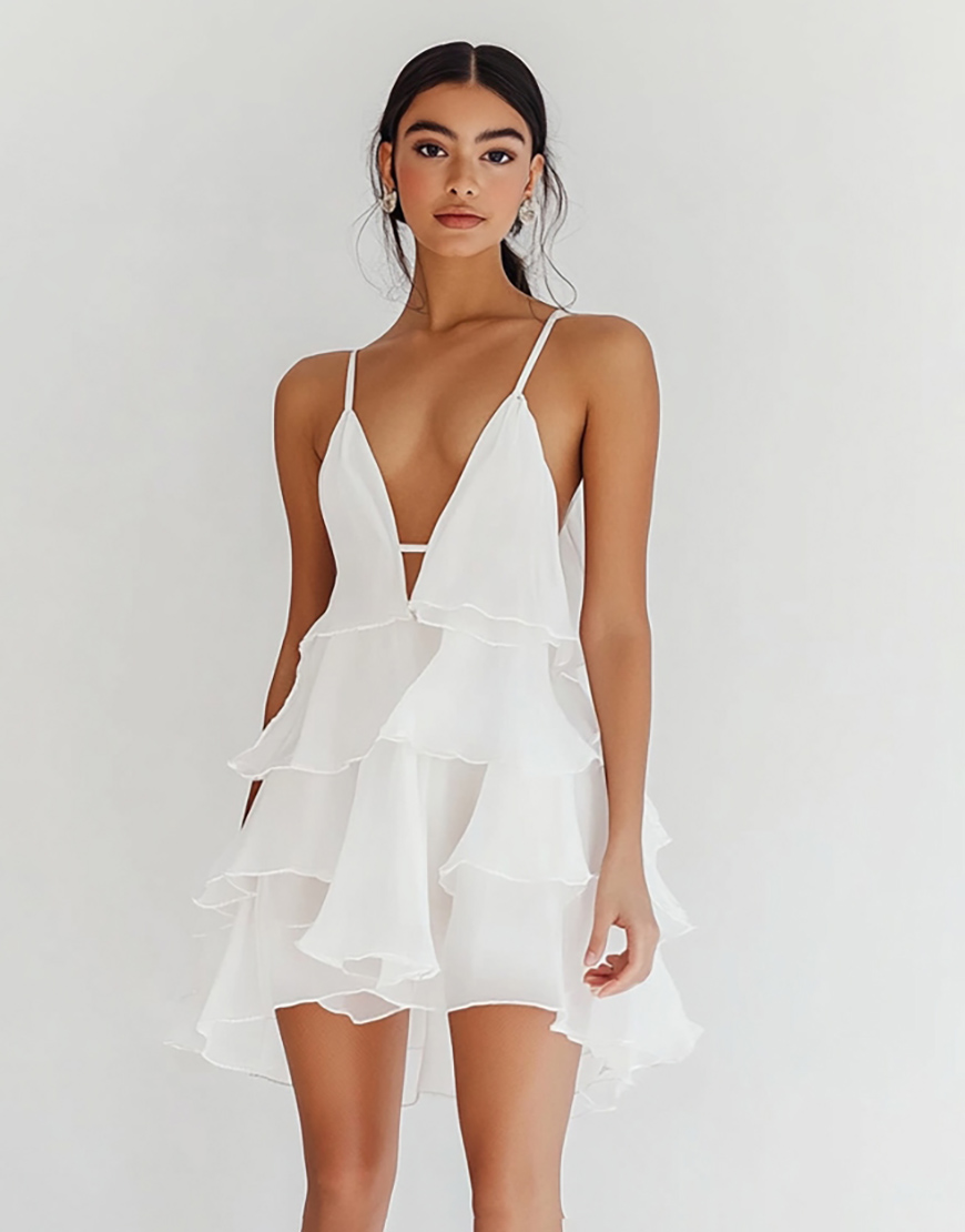 White V Neck Chiffon Short A Line Graduation Dress with Ruffles