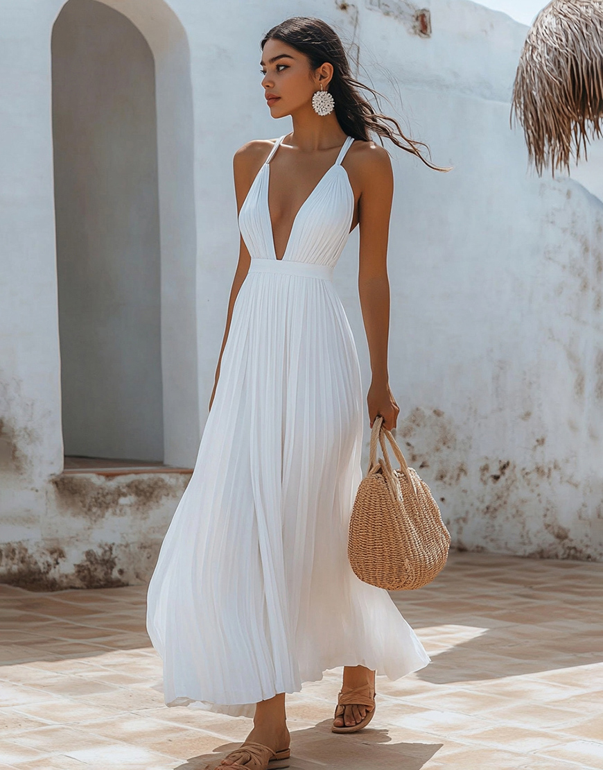 White V Neck Chiffon Long A Line Engagement Dress with Pleats
