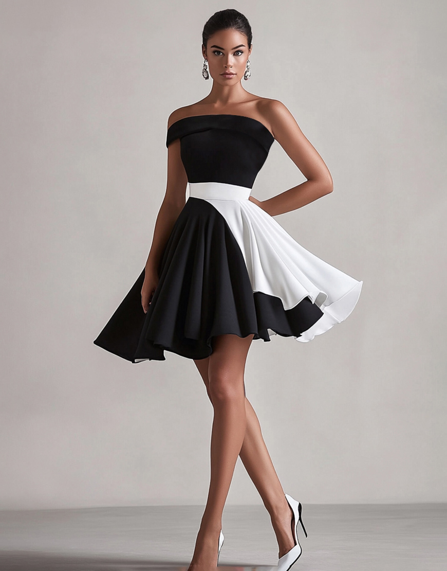 Black and White Satin One Shoulder Short A Line Homecoming Dress