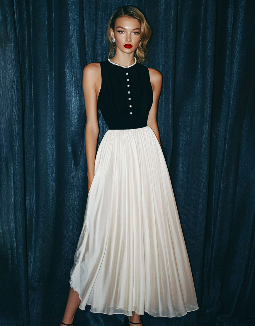 Vintage Black and White Long Round Neck Chiffon A Line Formal Dress