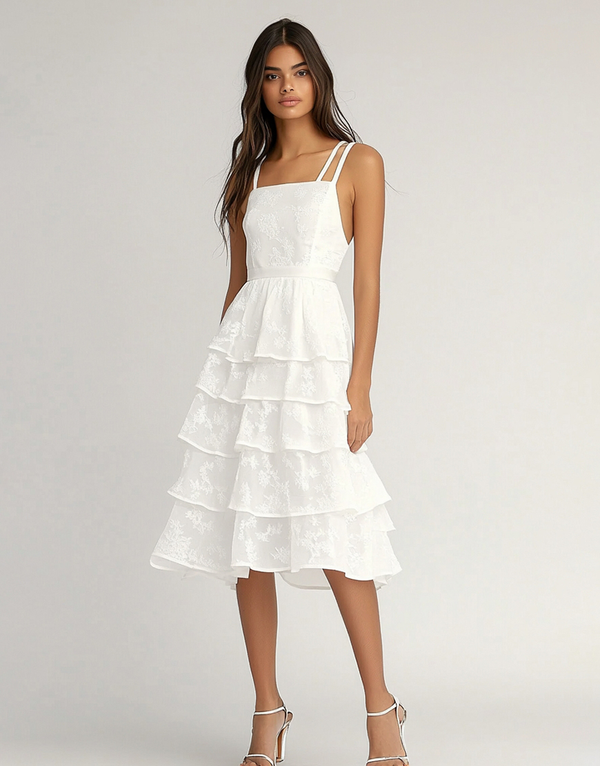 Ivory Spaghetti Straps Chiffon Midi A Line Graduation Dress