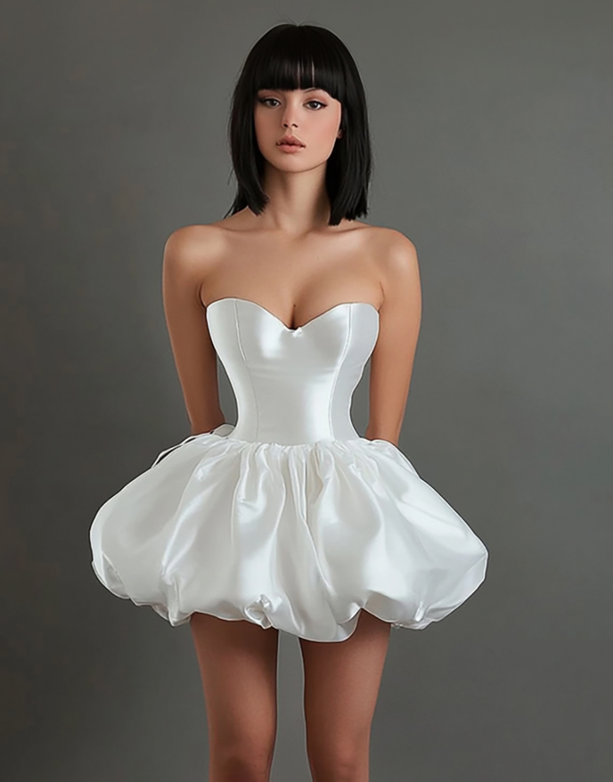 White Sweetheart Satin Short A Line Graduation Dress