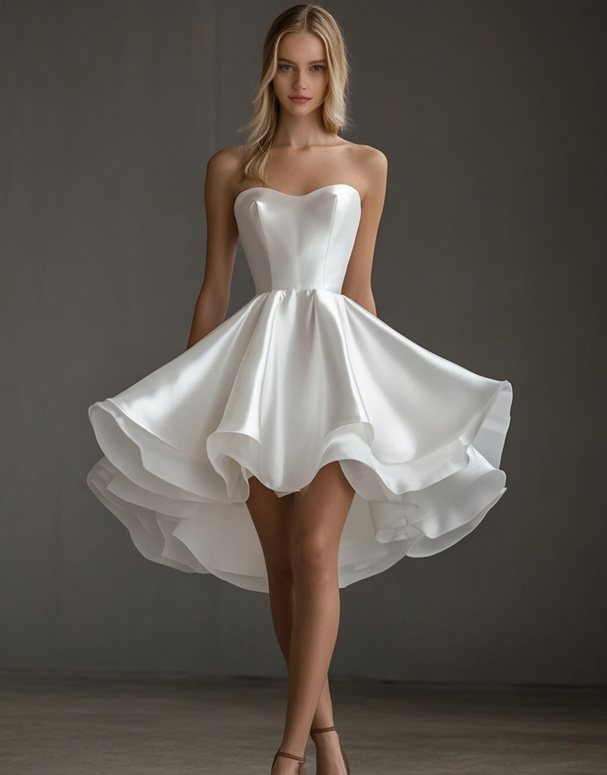 White Strapless Satin Short A Line Graduation Dress