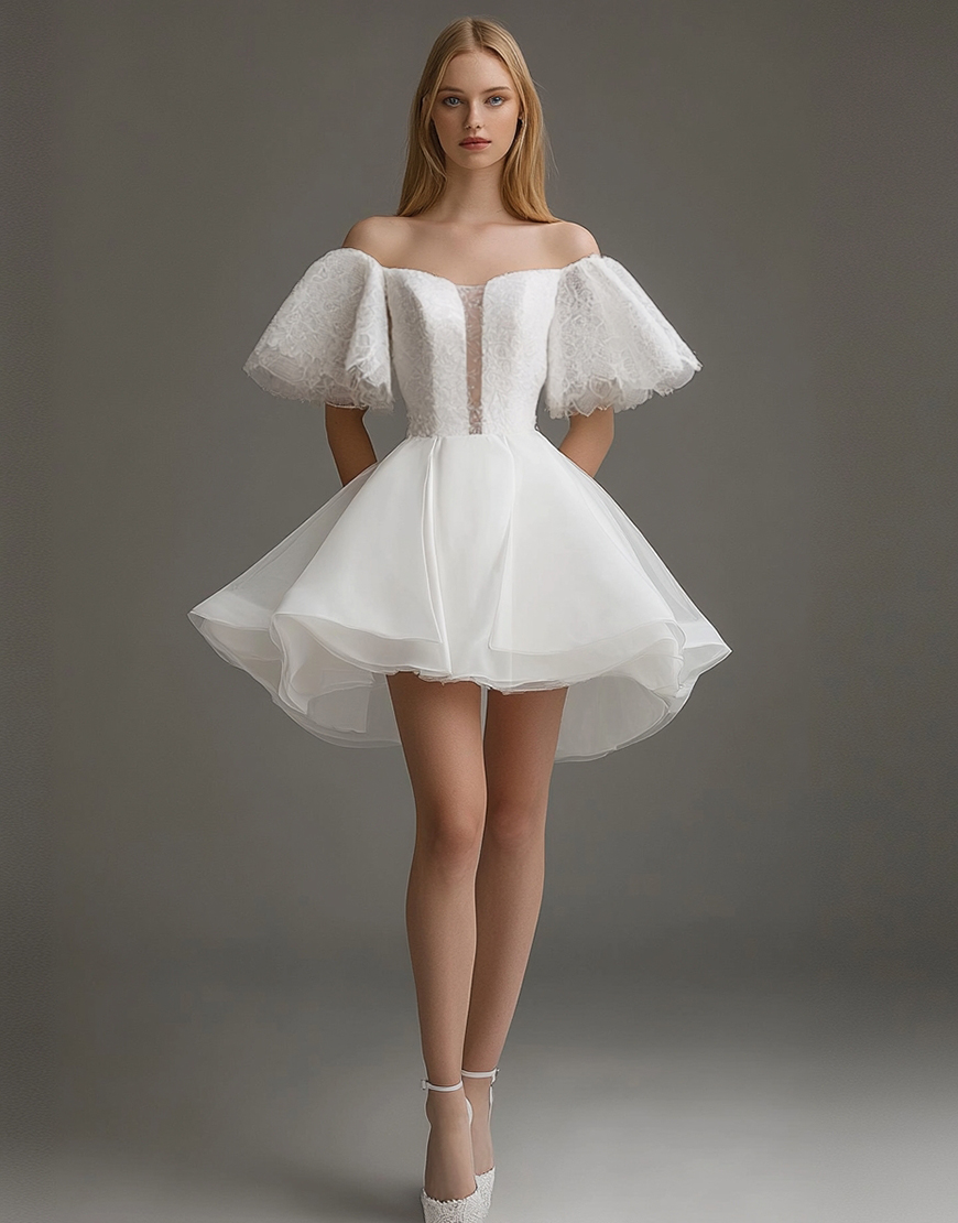 White Off The Shoulder Organza Short A Line Graduation Dress