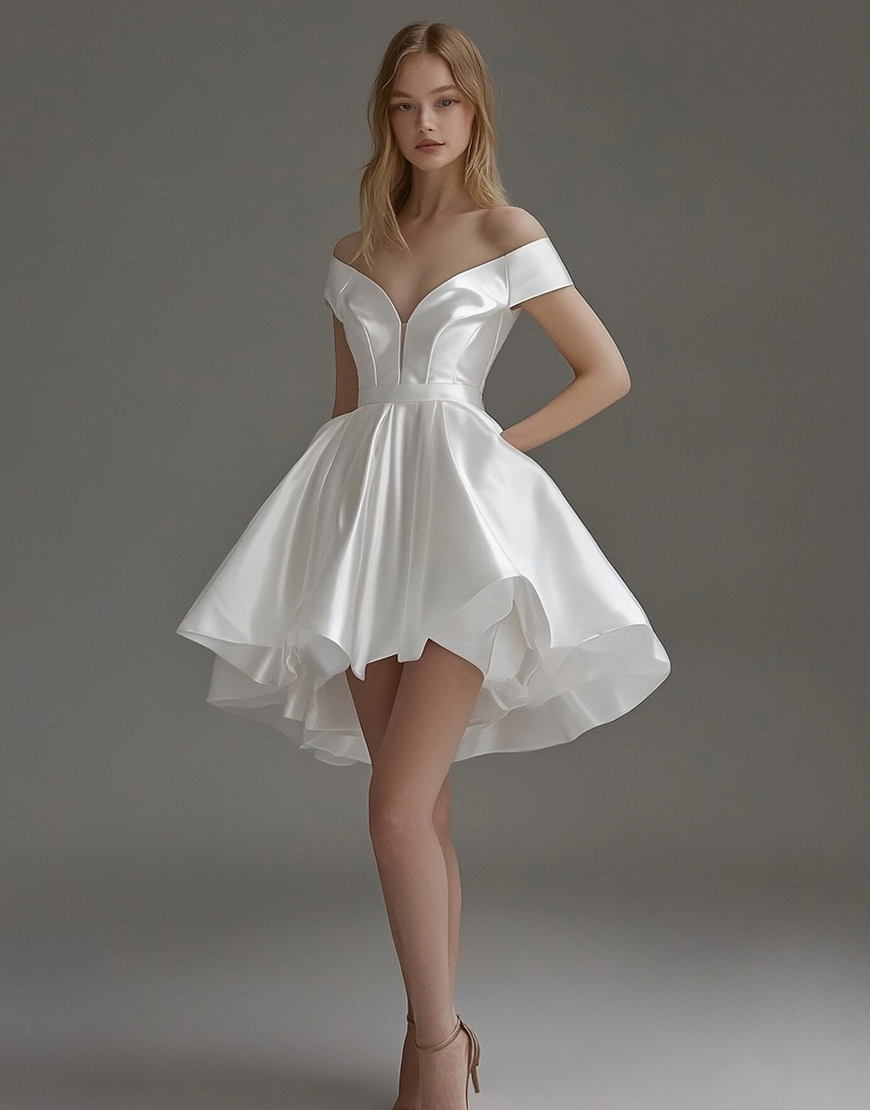 White Satin Off The Shoulder Short A Line Graduation Dress
