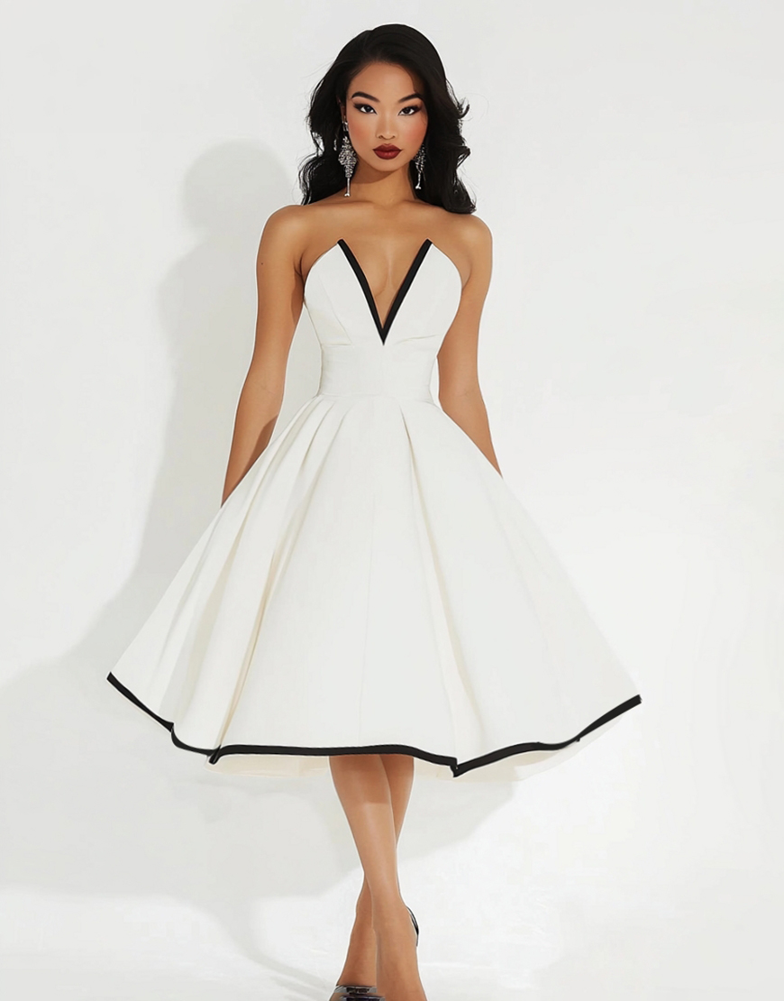 White Midi V Neck Satin A Line Graduation Dress