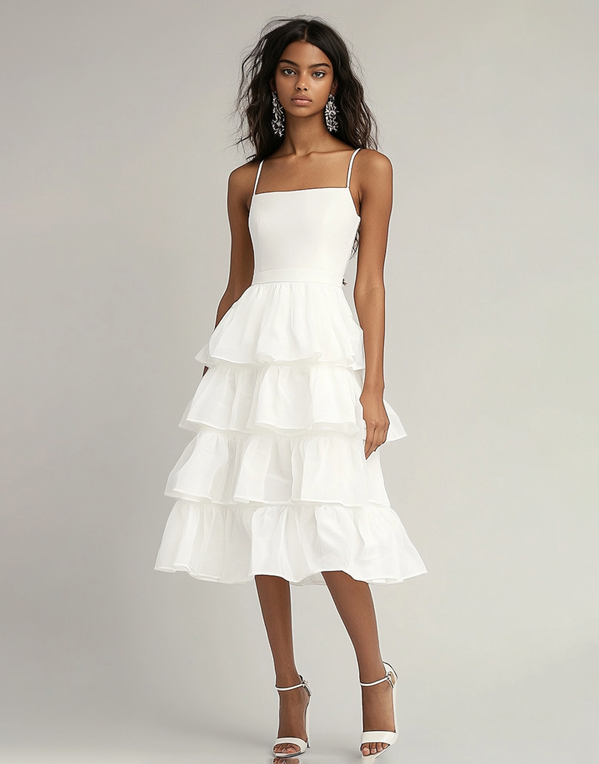 Ivory A Line Spaghetti Straps Midi Graduation Dress with Ruffles