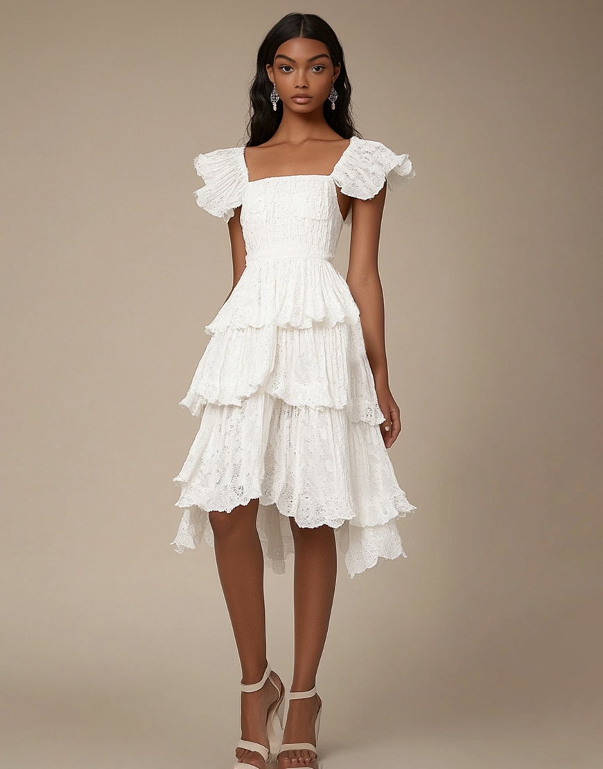 Ivory A Line Lace Midi Graduation Dress with Ruffles