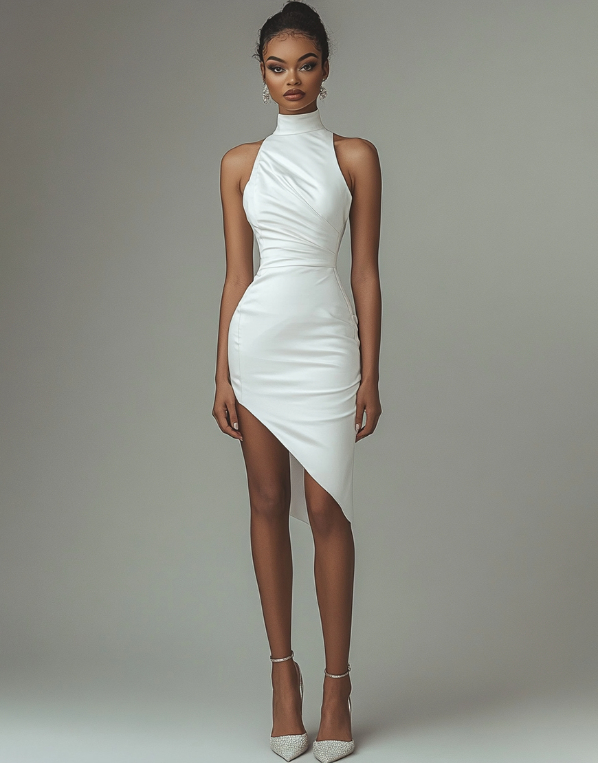 White Satin High Neck Asymmetrical Bodycon Graduation Dress