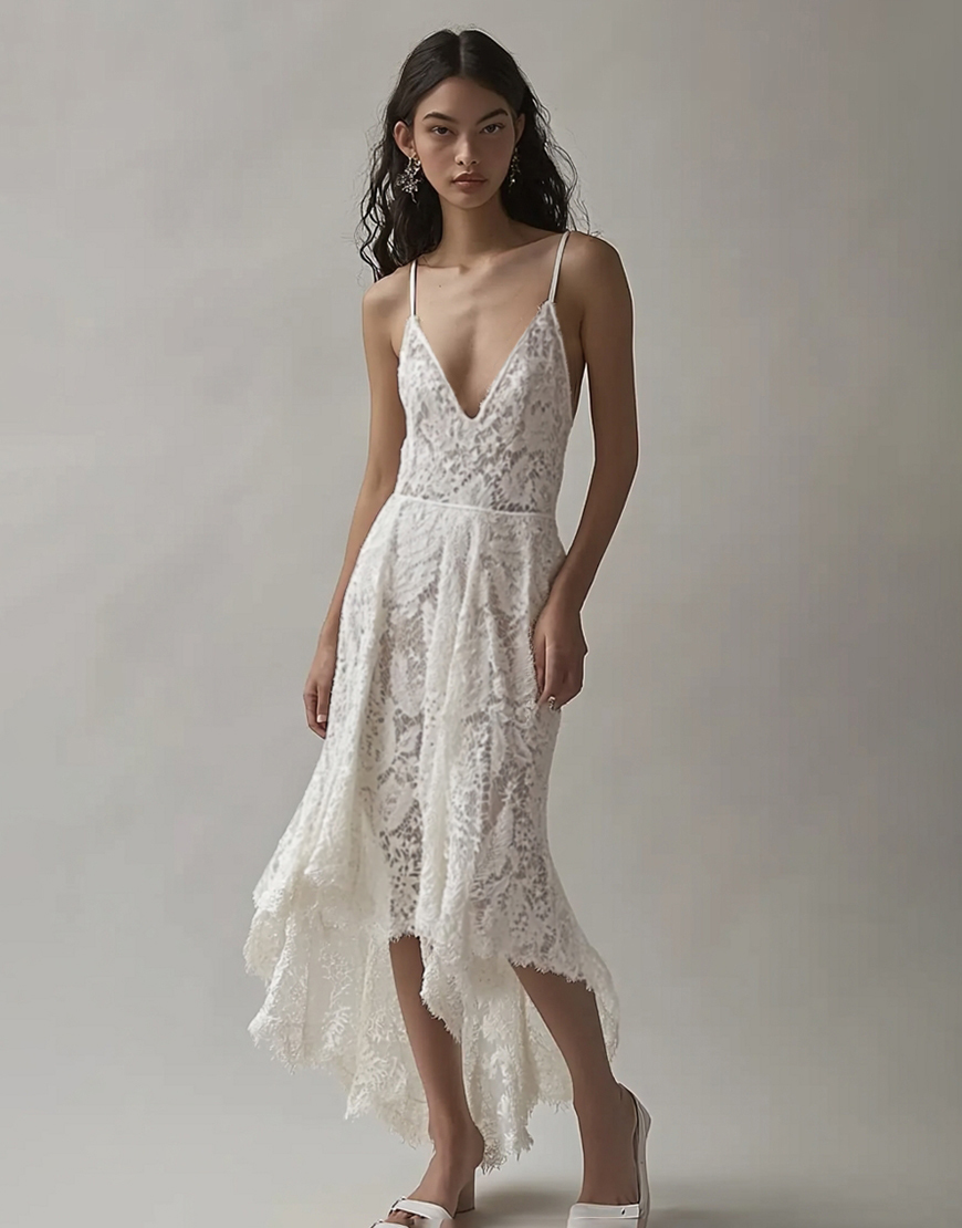 Ivory V Neck Lace High-Low Engagement Dress