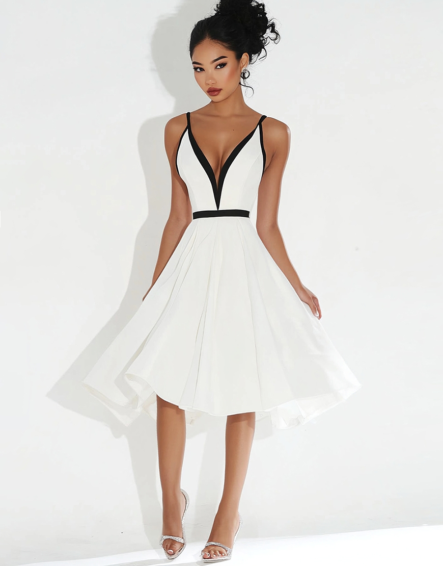 White A Line V Neck Midi Graduation Dress
