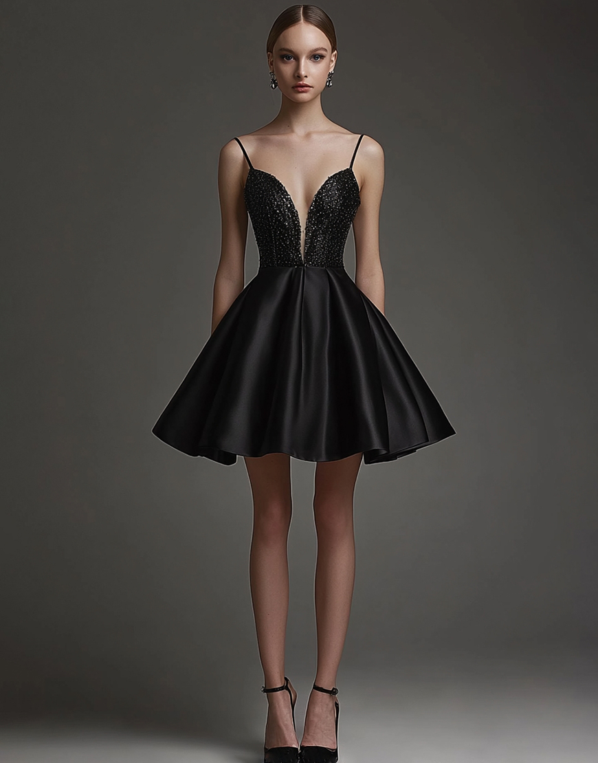 Black Satin V Neck A Line Short Cocktail Dress with Beading