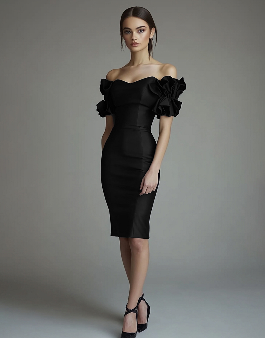 Black Midi Bodycon Satin Semi Formal Dress with Ruffles