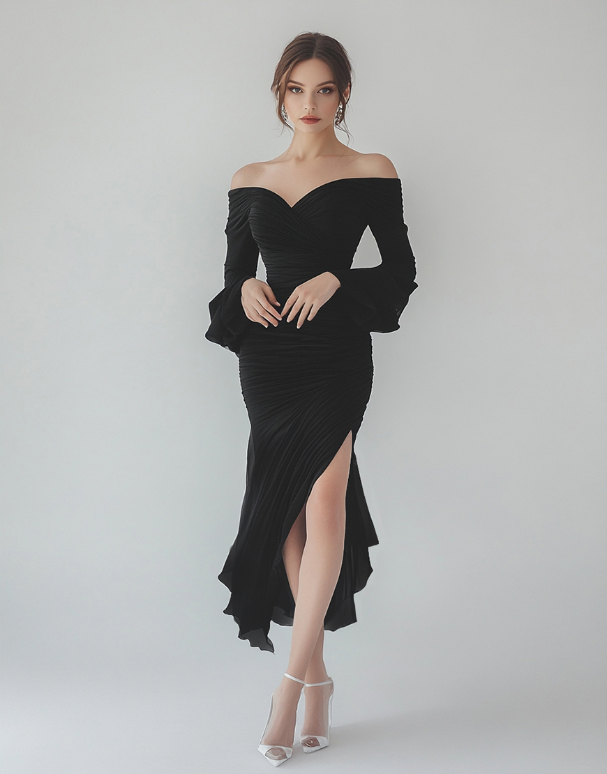Black Sheath Asymmetrical Formal Dress with Ruffles