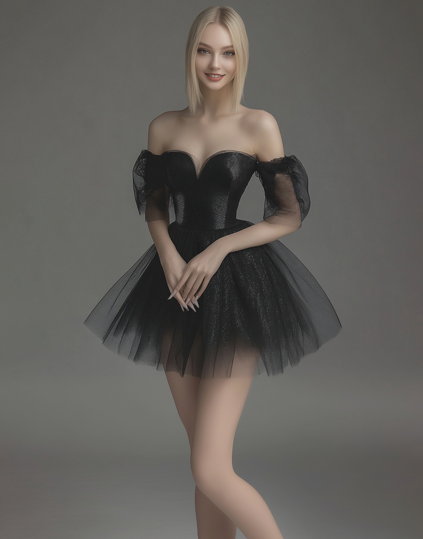 Black Off The Shoulder Tulle Short A Line Cocktail Dress