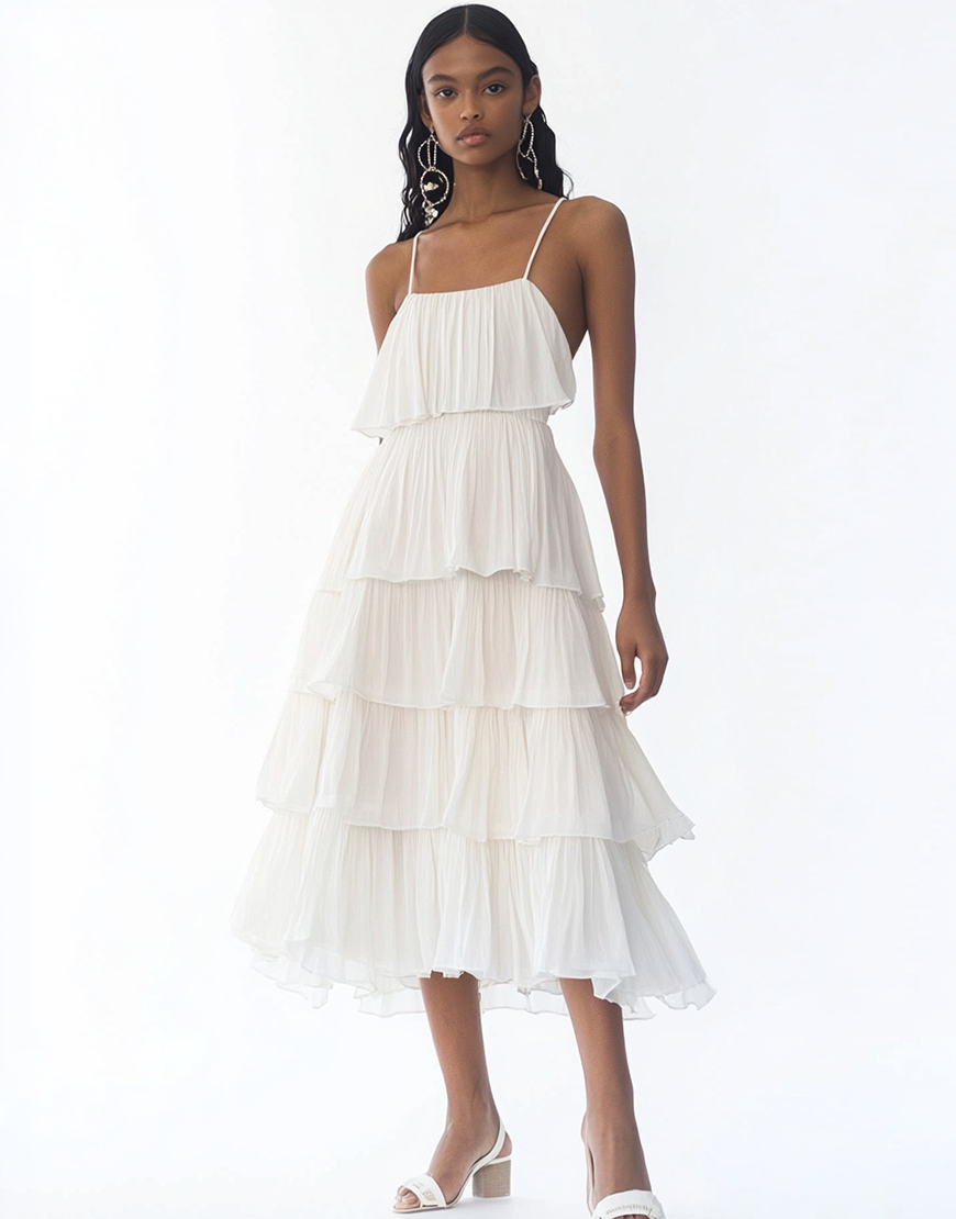 White Spaghetti Straps Tiered A Line Long Rehearsal Dinner Dress