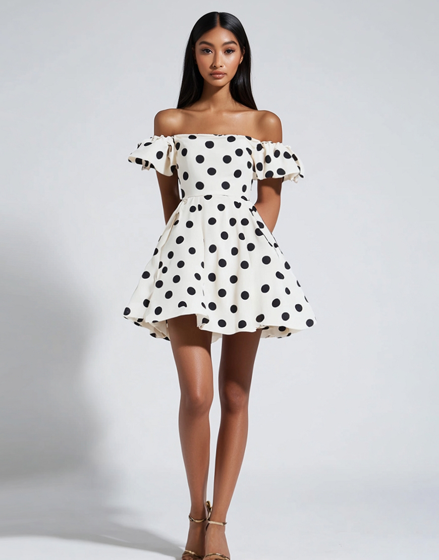 White Off the Shoulder Polka Dots Short Graduation Dress