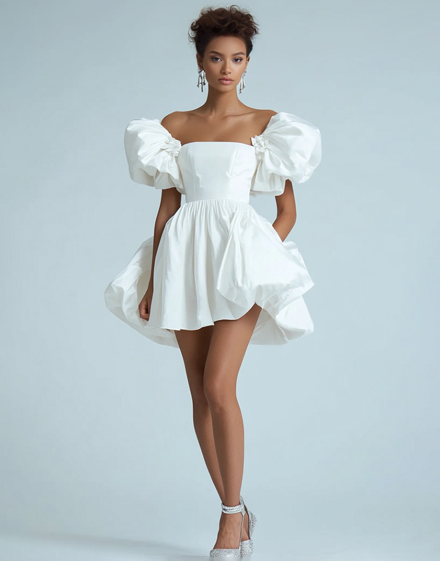 White A Line Ruffled Off the Shoulder Satin Short Graduation Dress