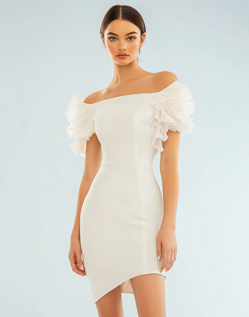 Ivory Off the Shoulder Bodycon Ruffled Satin Short Graduation Dress