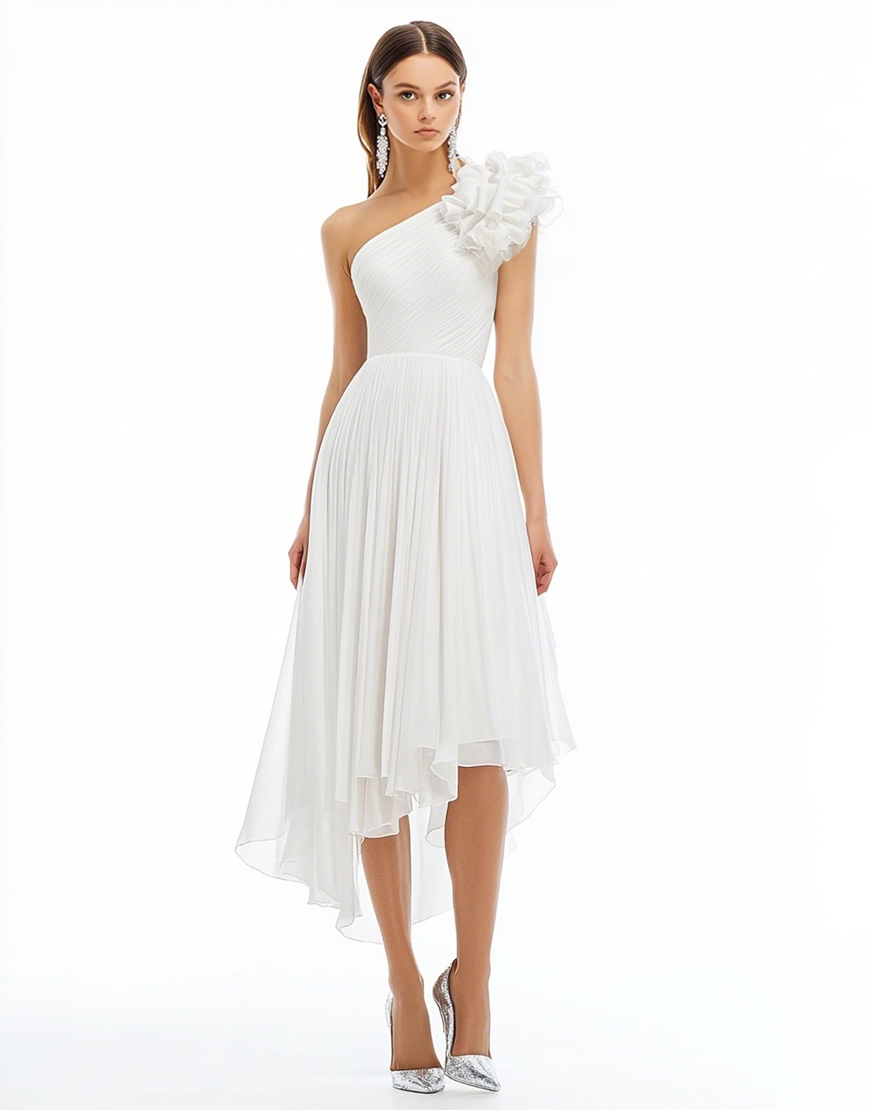 White A Line Chiffon One Shoulder Long Graduation Dress with Ruffles