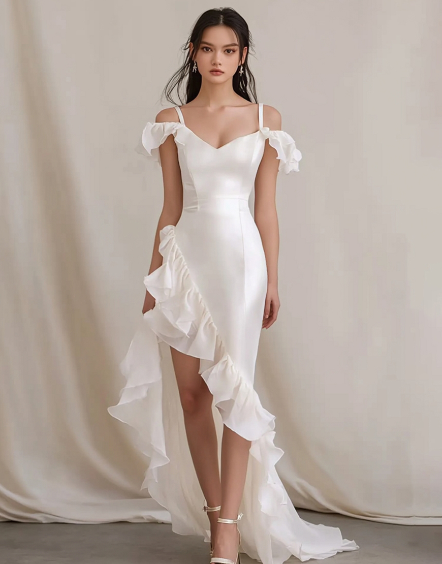 White Cold Shoulder Sheath Long Rehearsal Dinner Dress with Ruffles