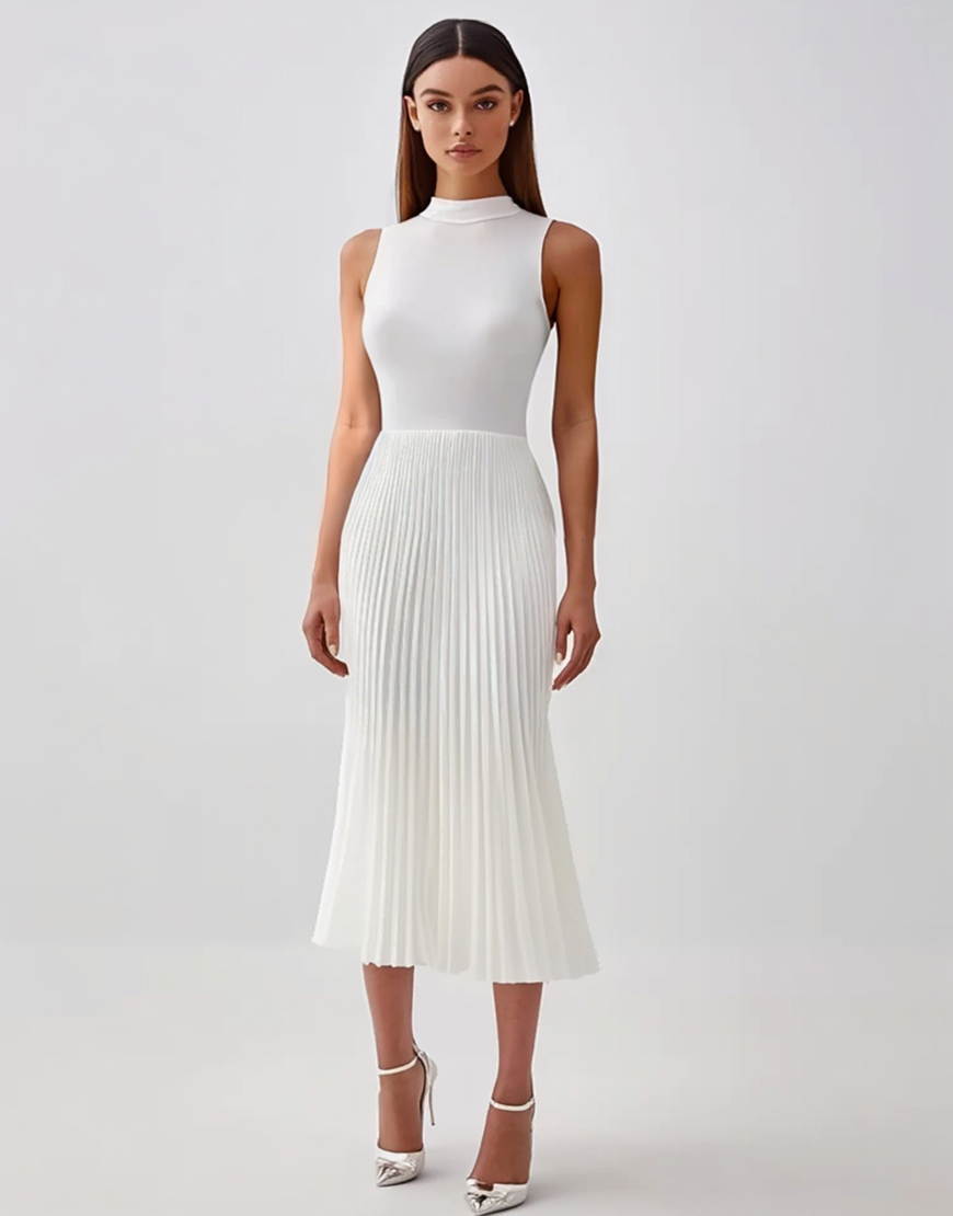 White High Neck Sheath Pleated Chiffon Long Rehearsal Dinner Dress