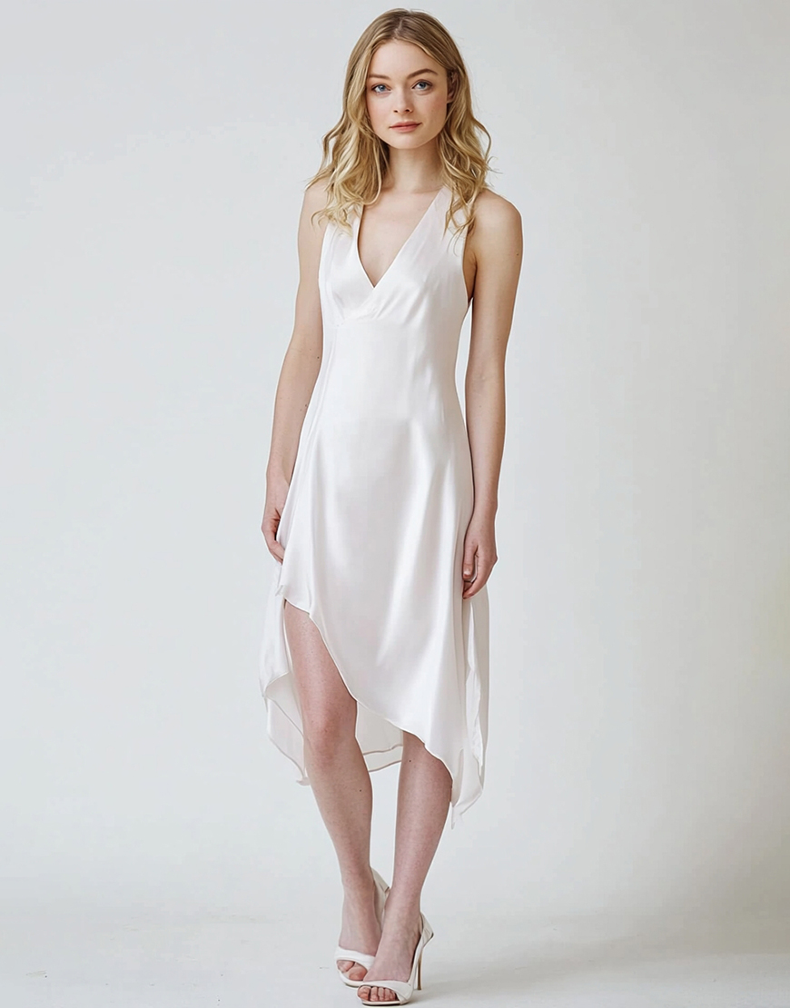 White Sheath V-Neck Asymmetrical Satin Graduation Dress