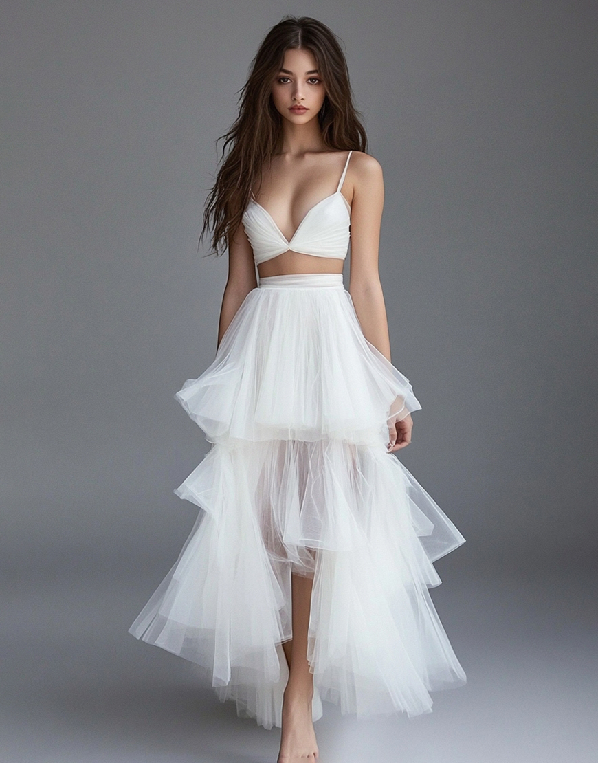 White 2 Pieces A Line Ruffled Tulle Long Rehearsal Dinner Dress