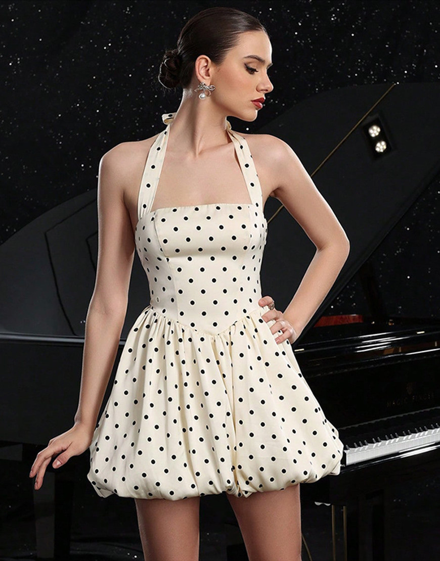 Black and White Polka Dots Halter A Line Short Vintage Homecoming Dress