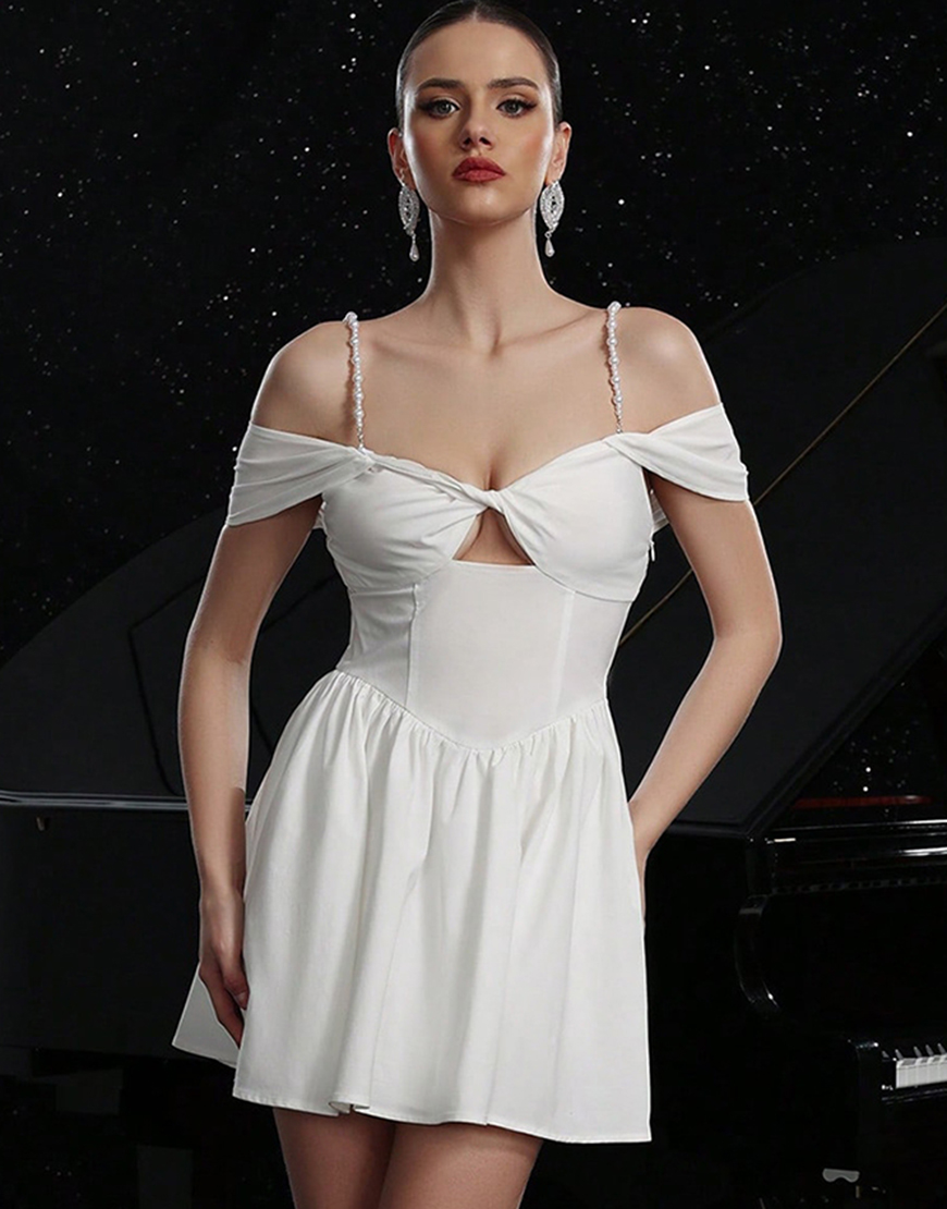 White A Line Cold Shoulder Satin Short Homecoming Dress with Keyhole