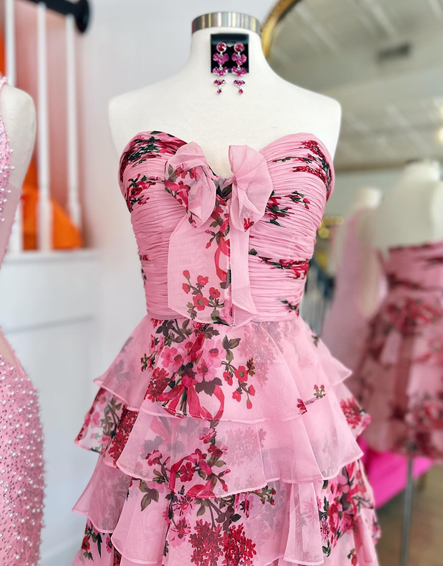 Blue Floral Chiffon Ruffled Short Homecoming Dress with Bow