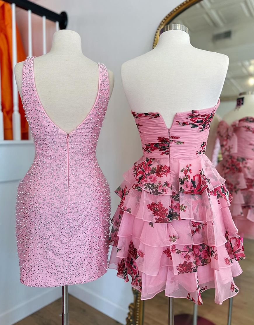 Blue Floral Chiffon Ruffled Short Homecoming Dress with Bow