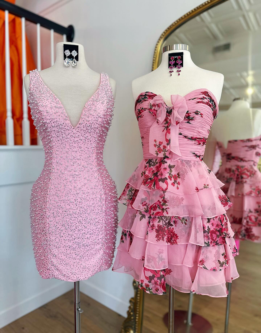 Blue Floral Chiffon Ruffled Short Homecoming Dress with Bow