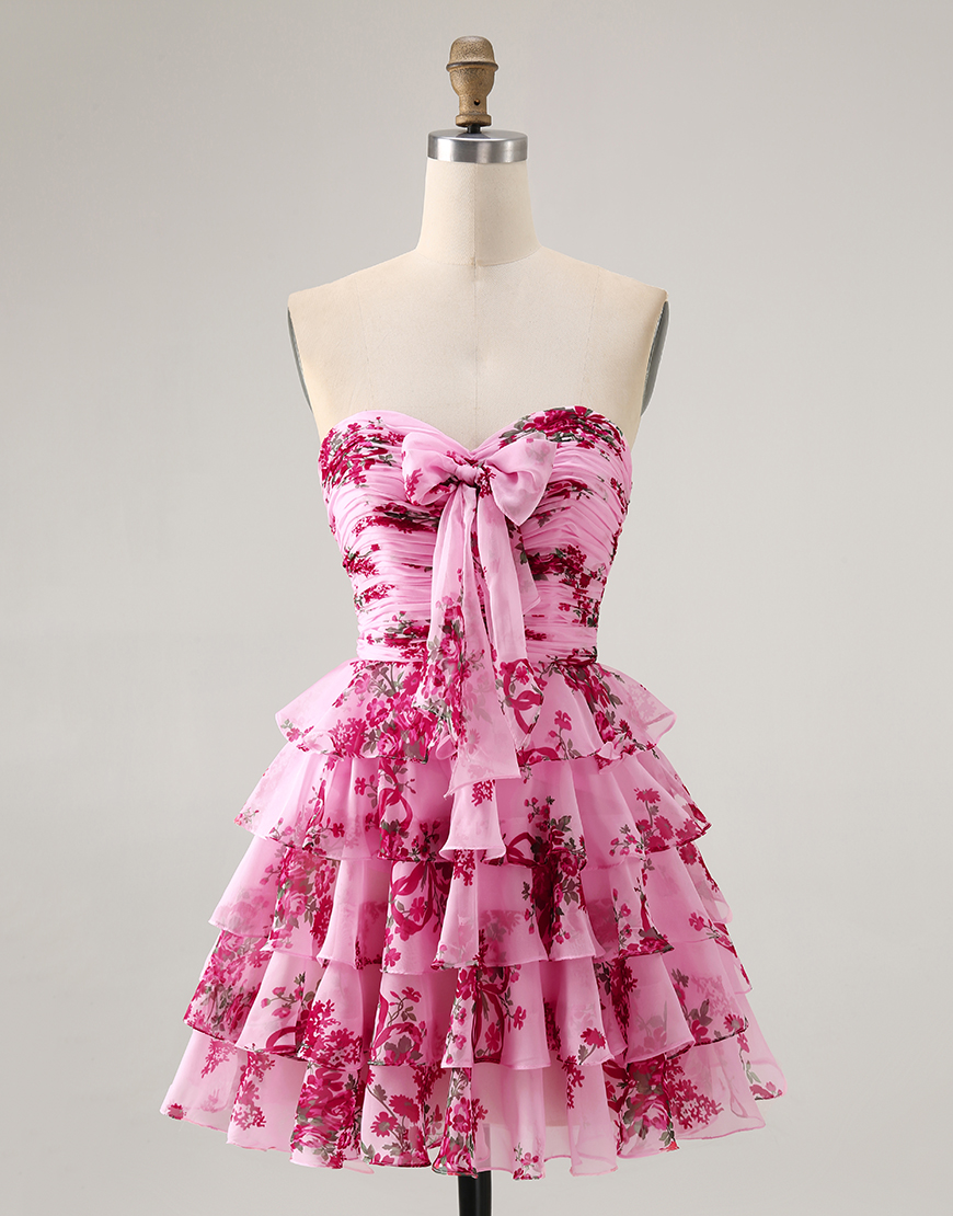 Blue Floral A Line Ruffled Short Homecoming Dress with Bow