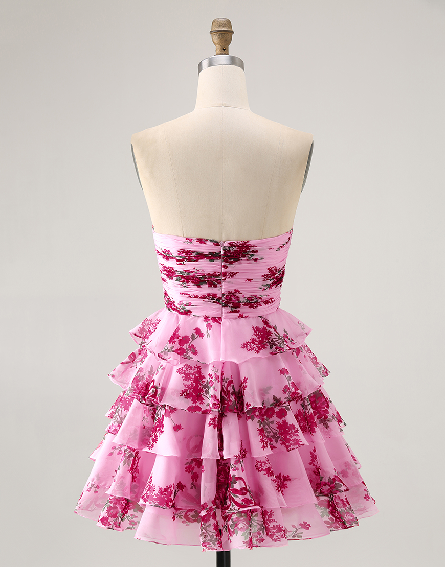 Blue Floral A Line Ruffled Short Homecoming Dress with Bow