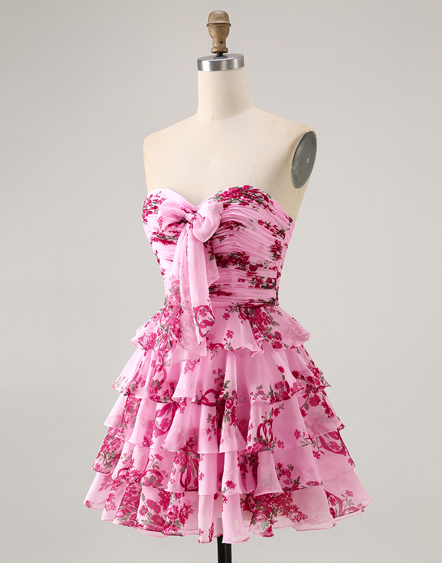 Blue Floral A Line Ruffled Short Homecoming Dress with Bow