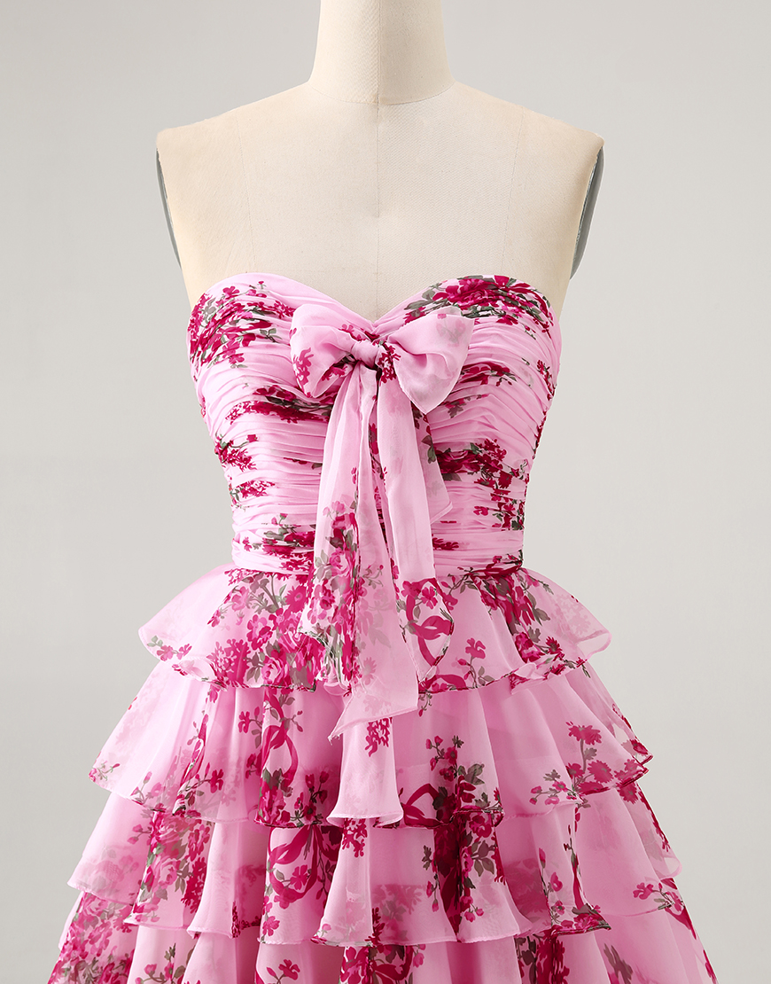 Blue Floral A Line Ruffled Short Homecoming Dress with Bow